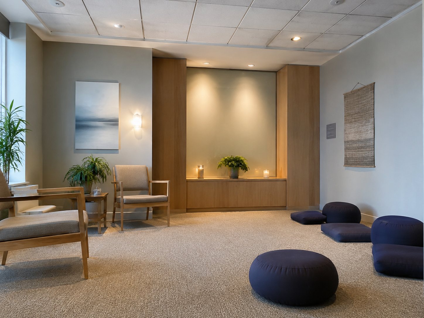 A quiet multi-faith room with floor cushions, armchairs, a lit candle alcove and a woven wall hanging