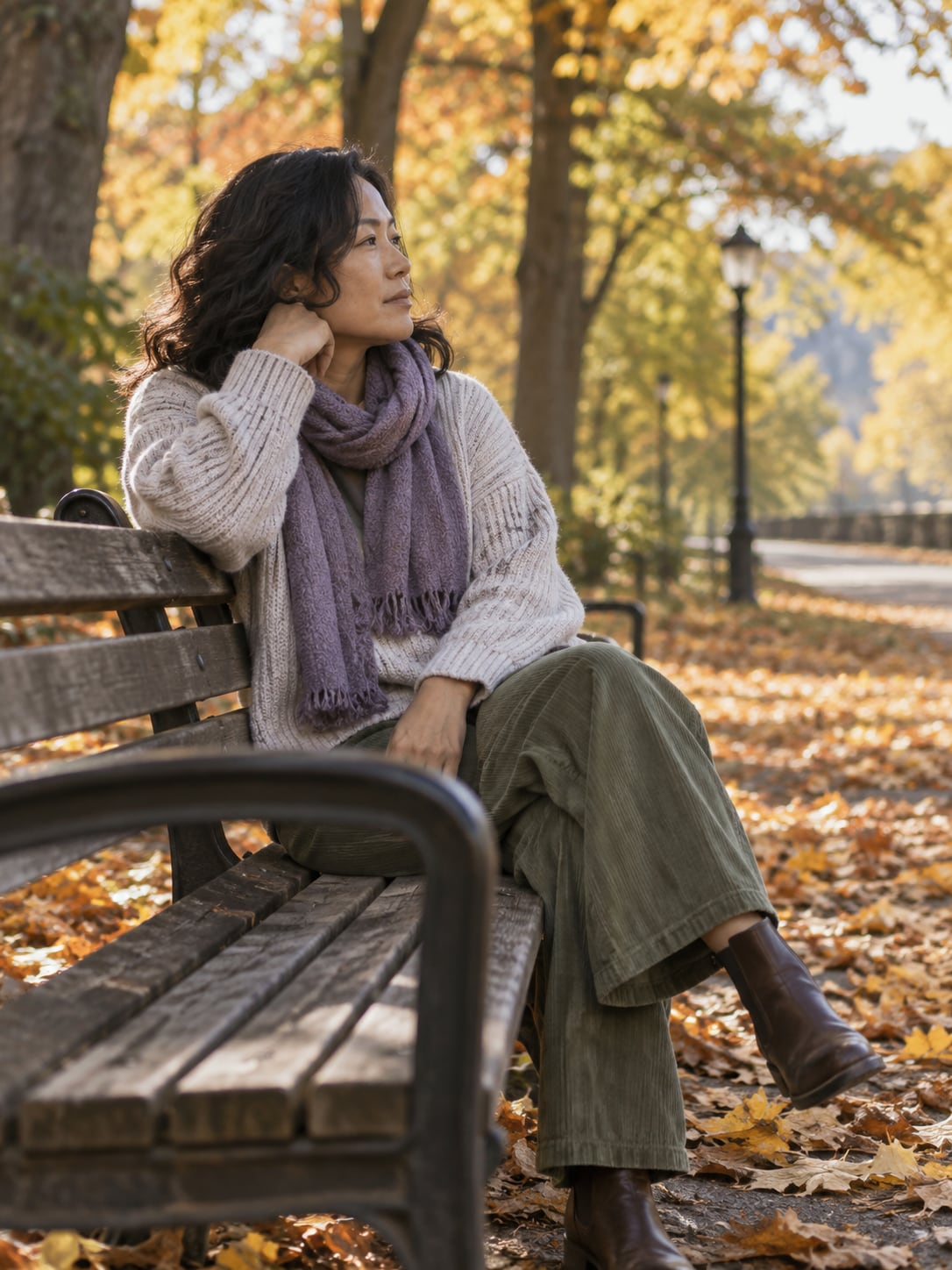 An adult sits alone on a park bench, contemplative, in an autumn setting.