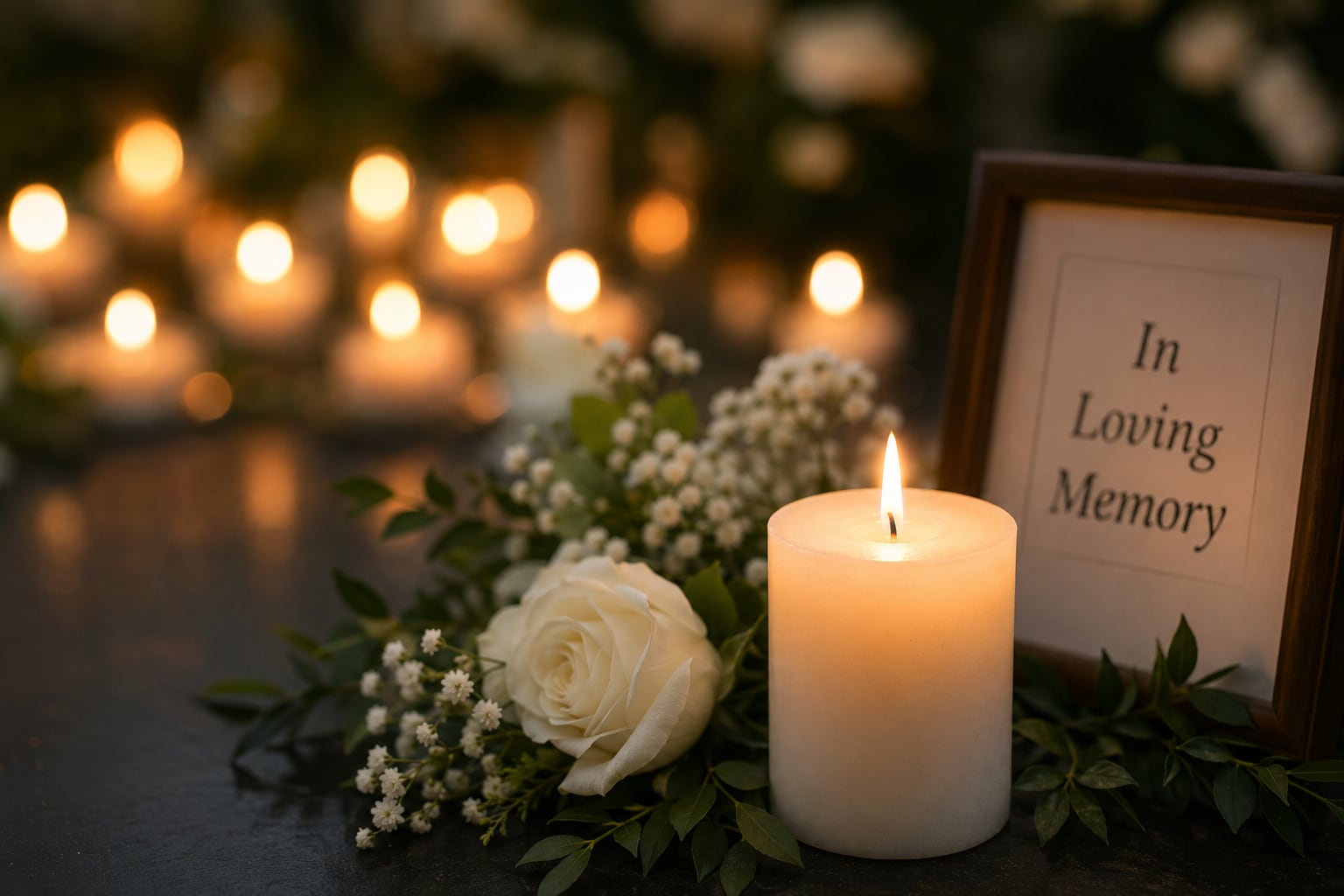 A lit pillar candle and a white rose with greenery on a dark table beside a wooden frame reading “In Loving Memory”.