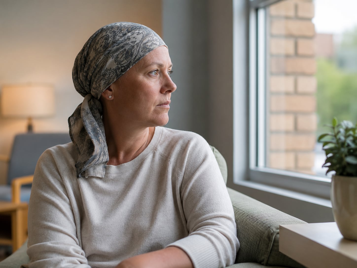 A woman in headscarf sits alone by a window inside a home, looking pensive
