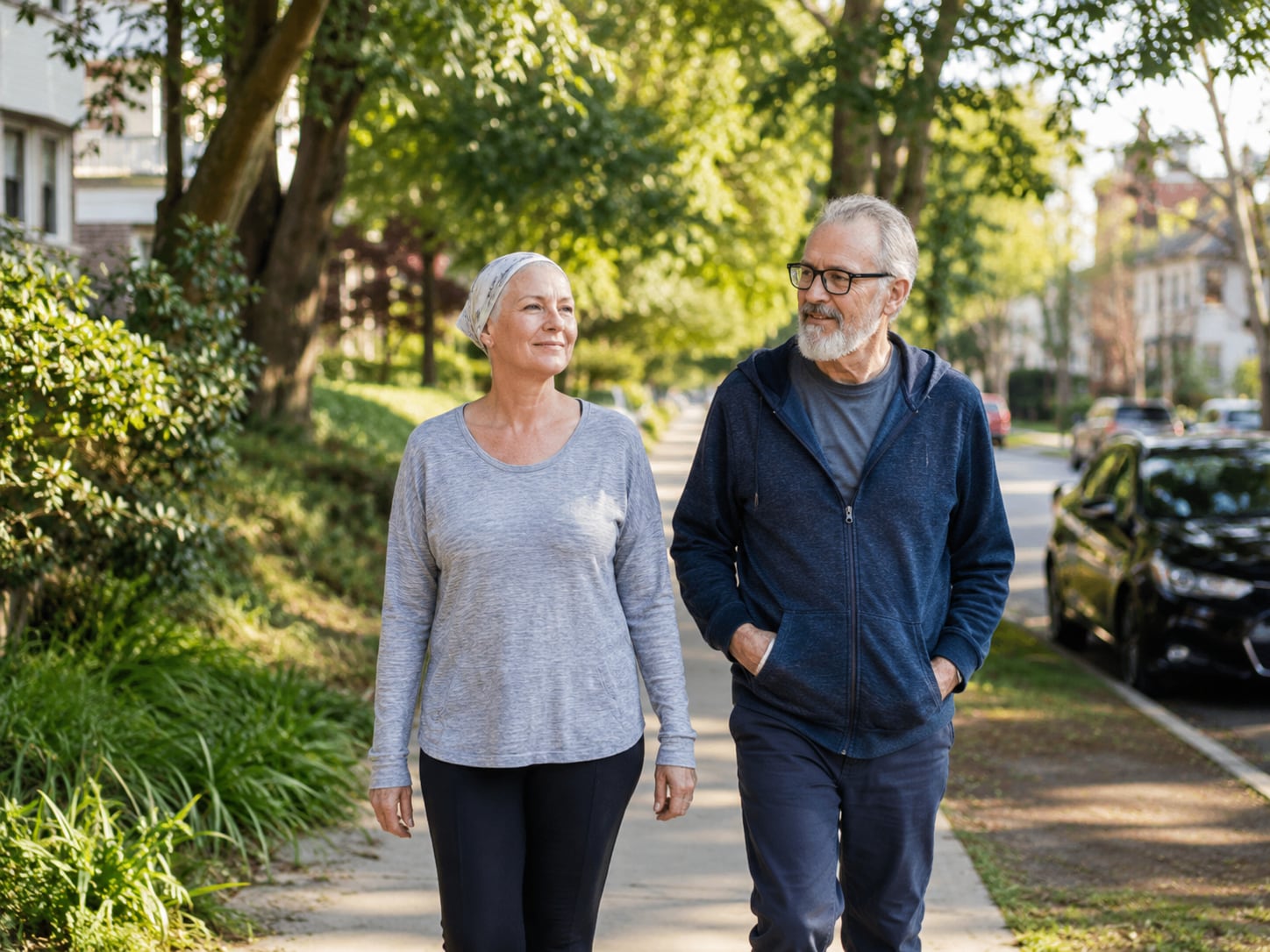 An older couple walk together casually along a suburban street