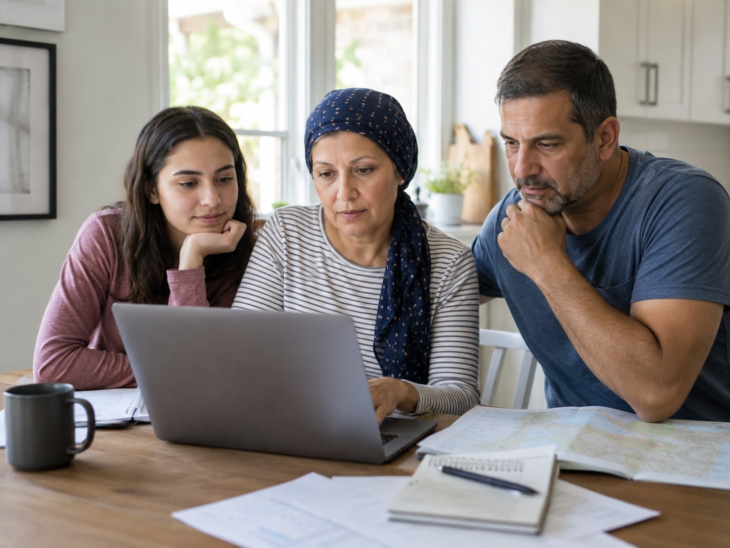 A teenage girl, woman, and man look together at a laptop screen at a home table, concerned