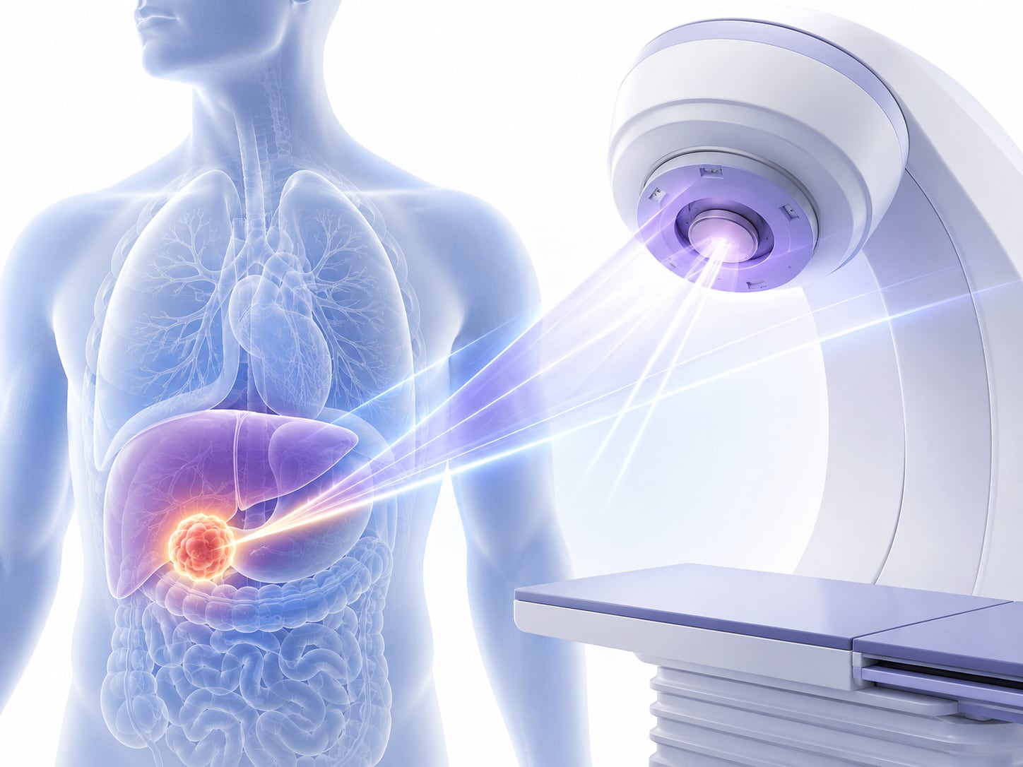 An illustration: anatomical diagram of a human torso with organs highlighted beside a radiation scanner graphic