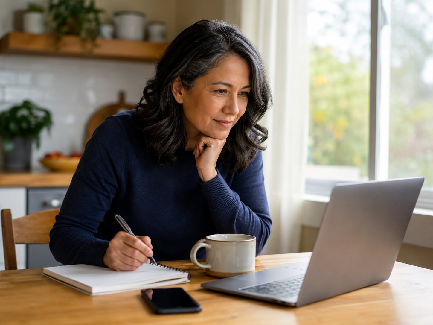 A person sitting at home with a laptop and a notebook, writing down what they have read