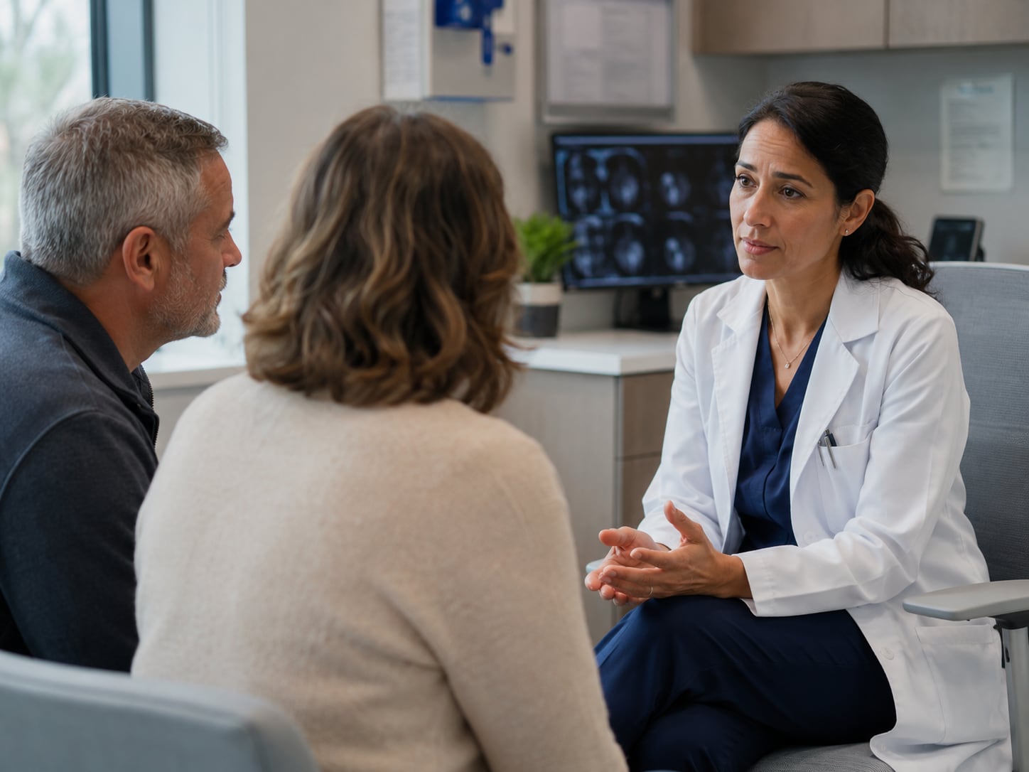 An older man and a female doctor review scan images together in a clinic