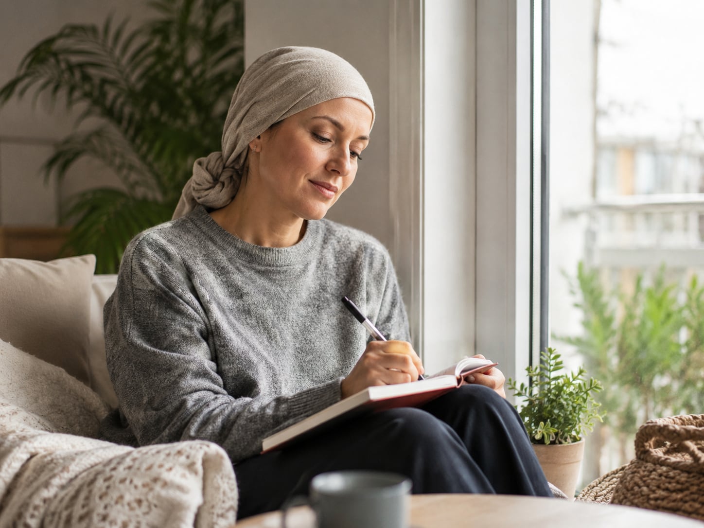 A woman in headscarf sits by window writing in a notebook, calm