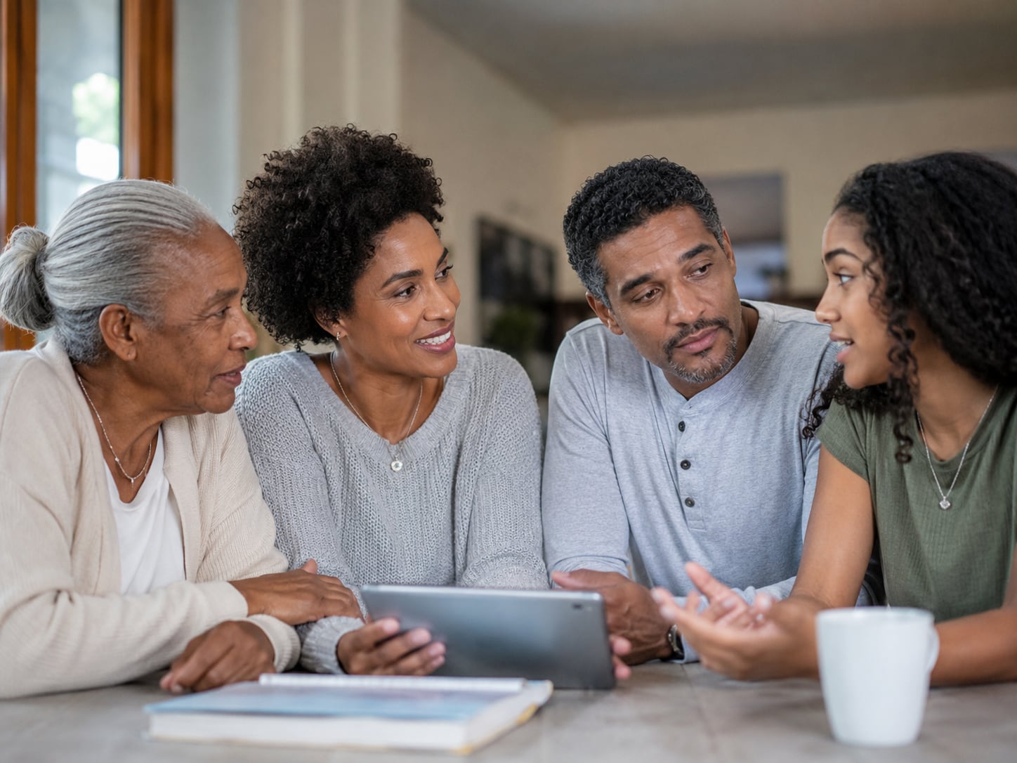 Four people sit on a couch in conversation, family discussion at home
