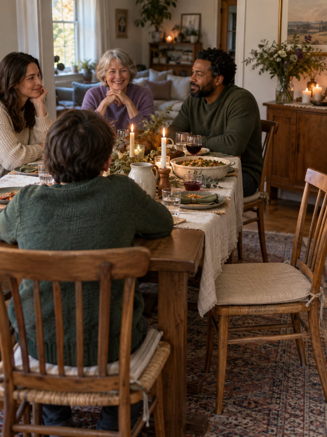 A family gathered at a holiday table with one chair left empty.