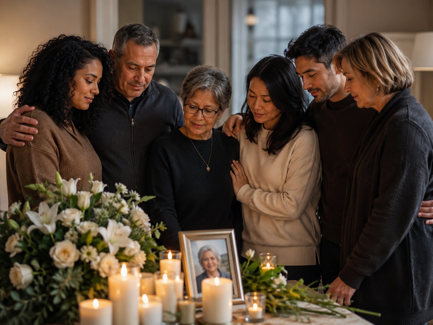 Seven adults stand close together with arms around one another and heads bowed in front of a table of white flowers, lit candles and a framed portrait.