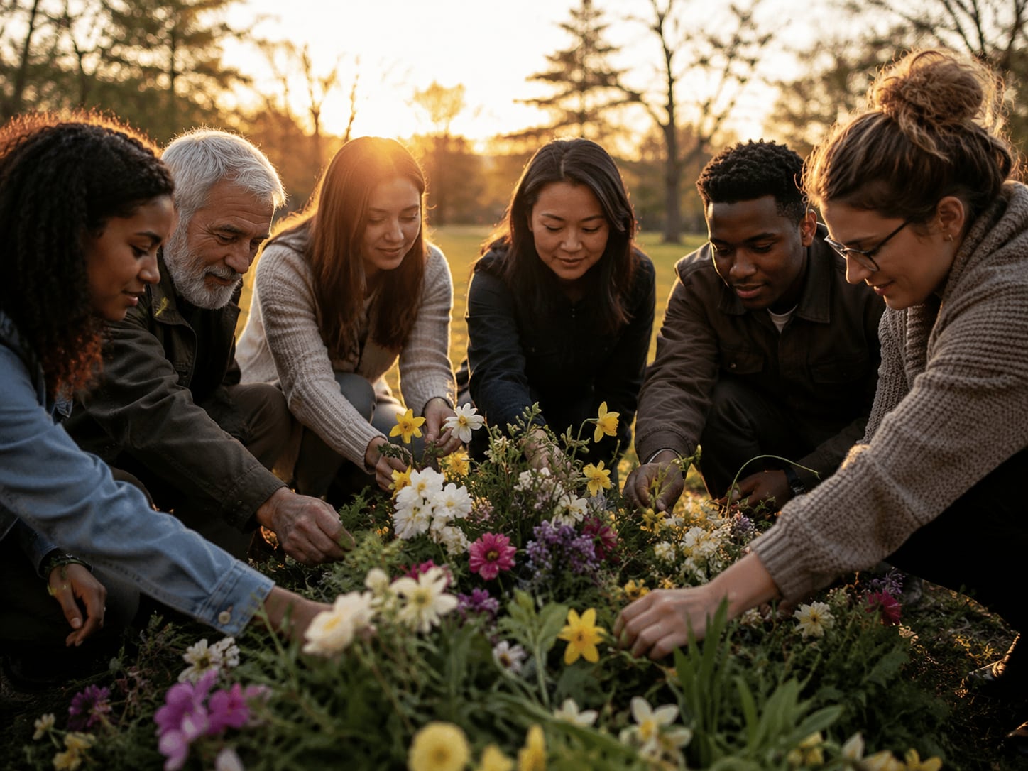 Six adults kneel in a circle around a bed of freshly planted flowers in a park at sunset, reaching in to tend the blooms.