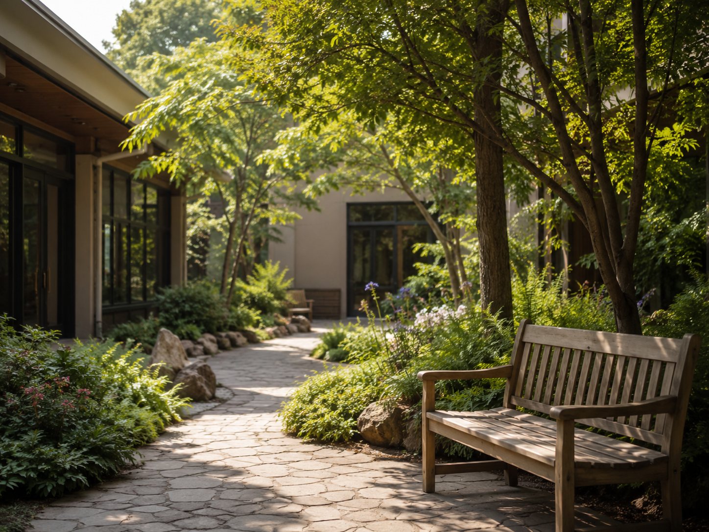 An empty wooden bench on a stone path in a leafy courtyard garden in dappled afternoon light