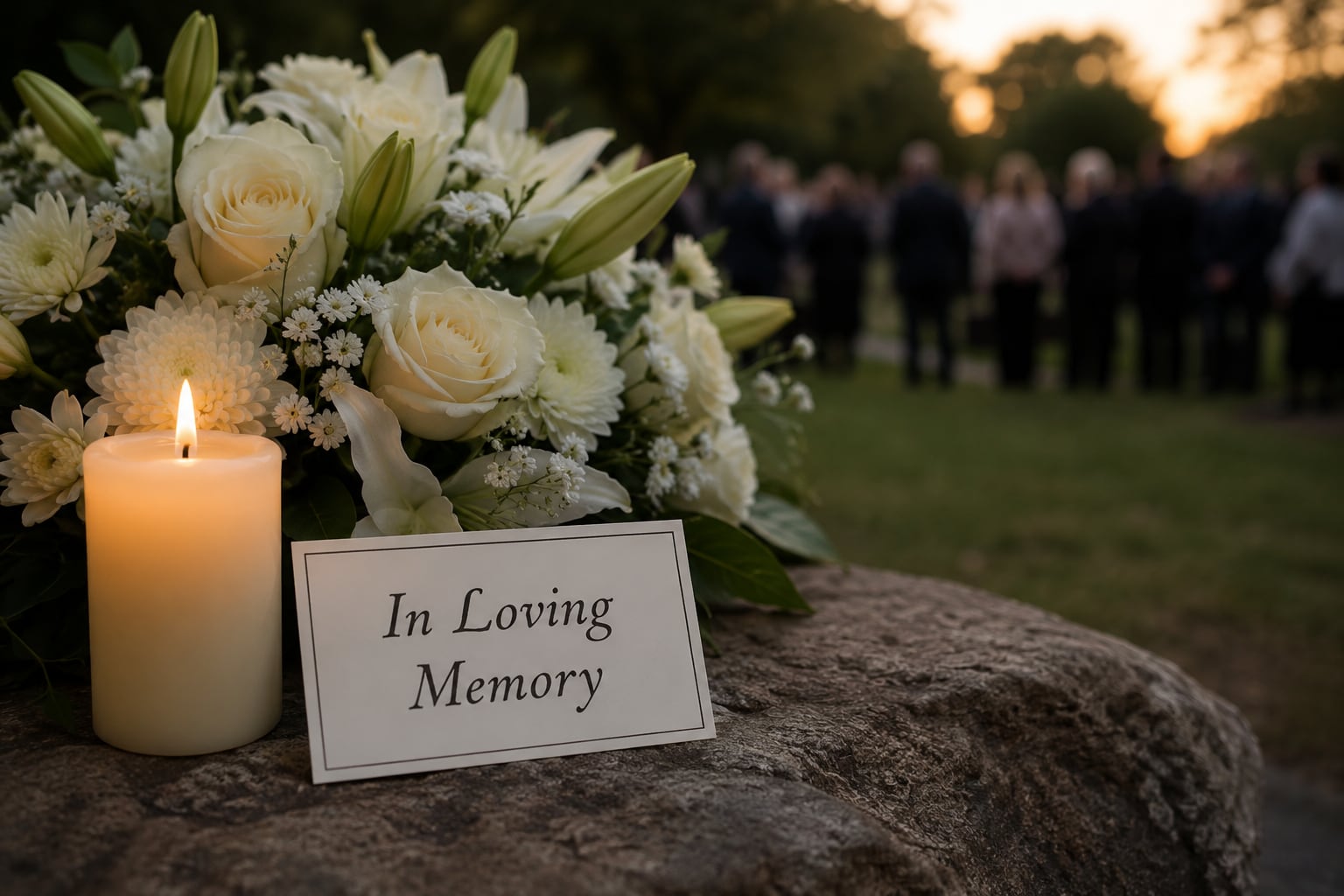 A white floral spray, a lit pillar candle and a card reading “In Loving Memory” on a stone slab outdoors, with people in dark clothing blurred behind.