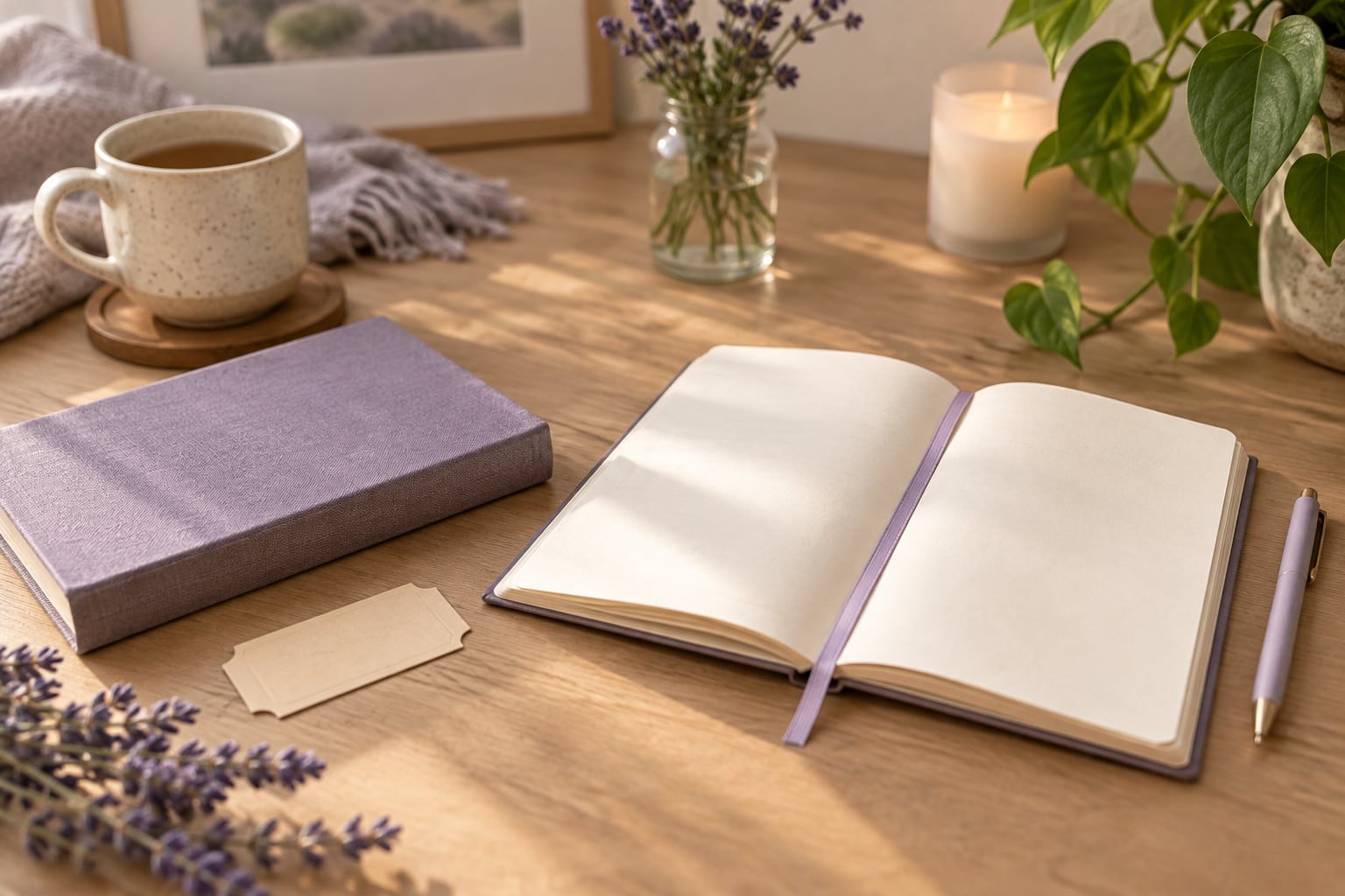 A closed journal, an open blank notebook, a lit candle, and lavender sprigs on a wooden table.