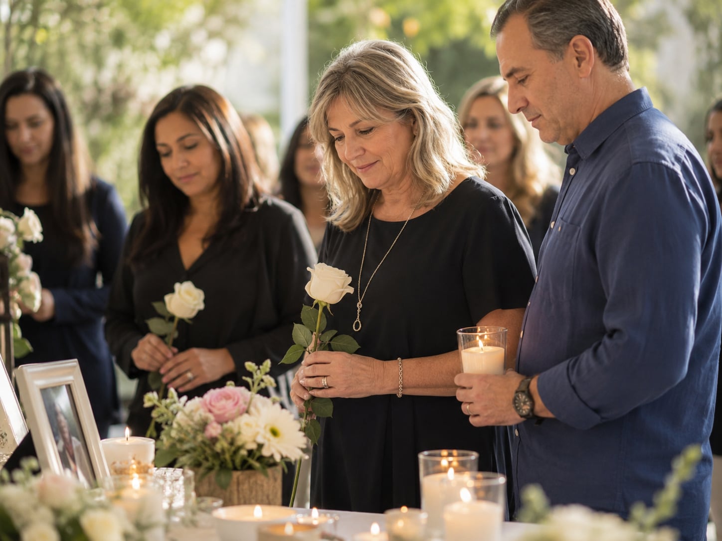 Adults in dark clothing stand with heads bowed holding white roses and a candle beside a table set with framed photographs and lit candles.