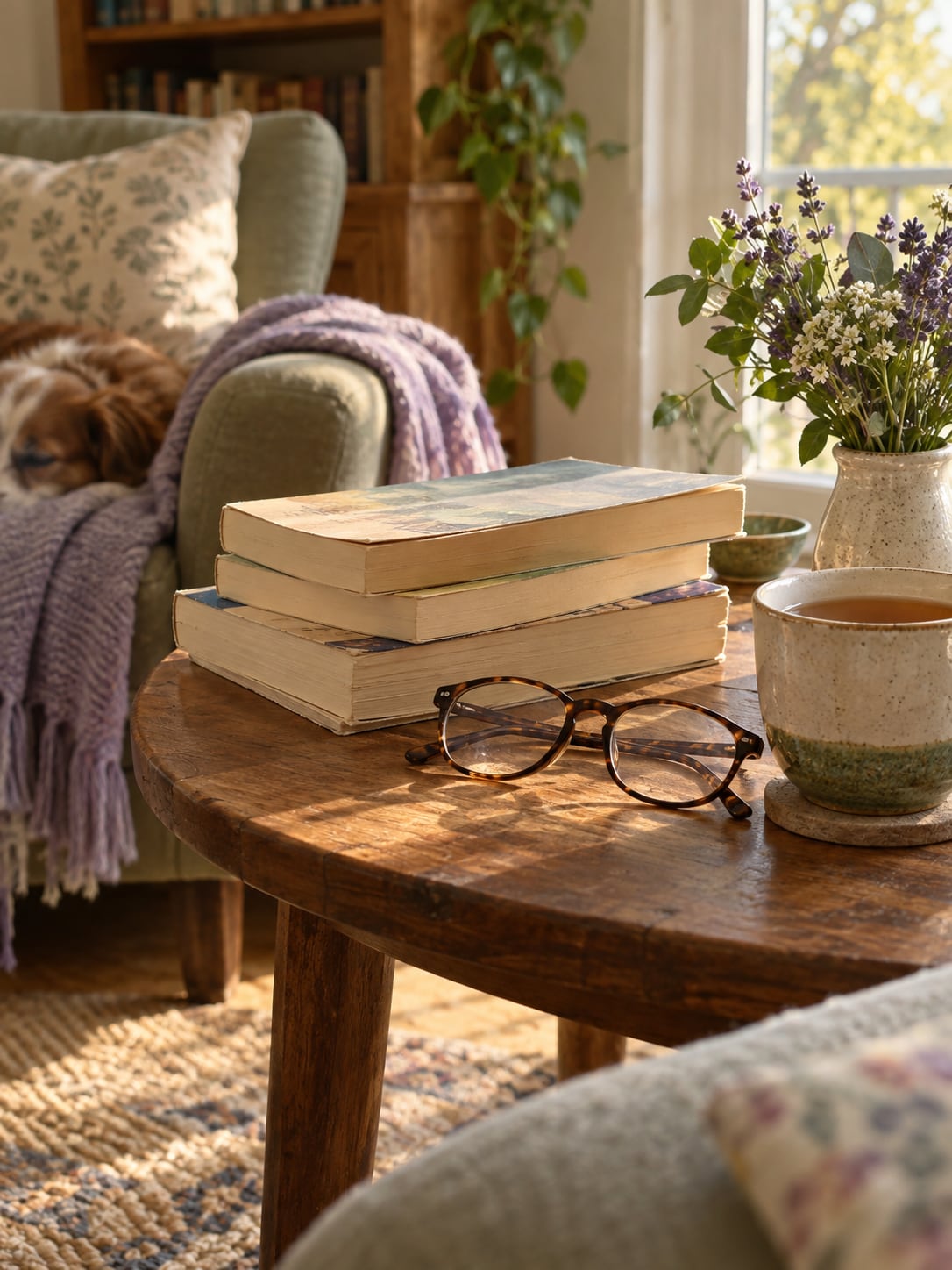 A stack of paperback books, reading glasses, and a cup of tea on a side table in warm afternoon light.