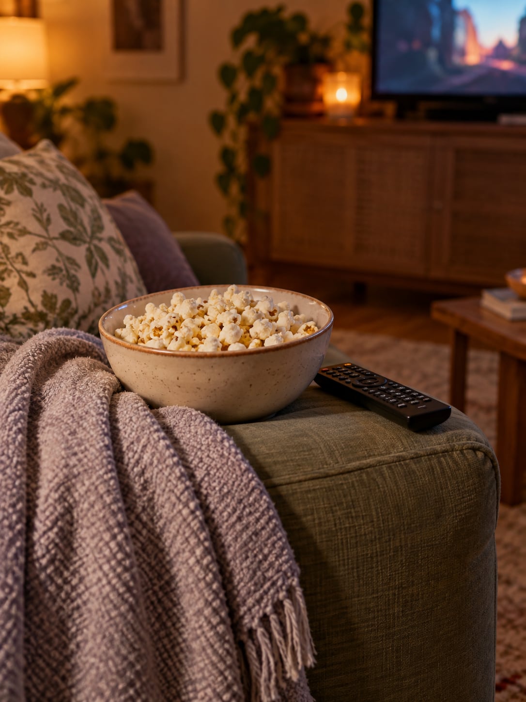 A bowl of popcorn, a TV remote, and a soft blanket on a couch arm in dim warm light.