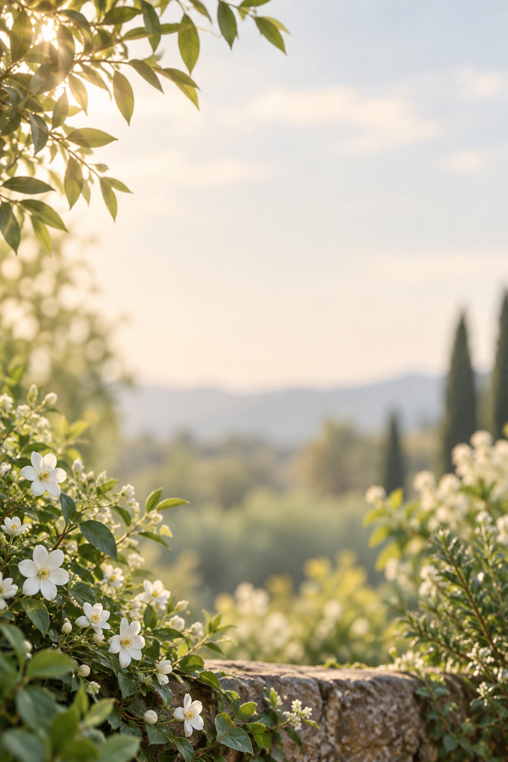 White flowering shrubs along a stone wall in a garden at golden hour, with rolling hills in the background.