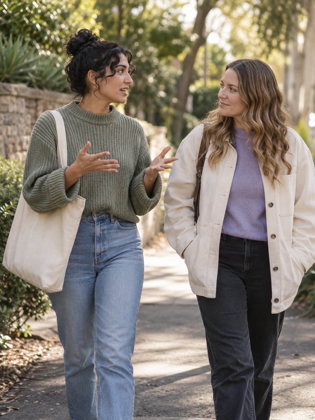 Two friends walk together outdoors mid-conversation, one gesturing.