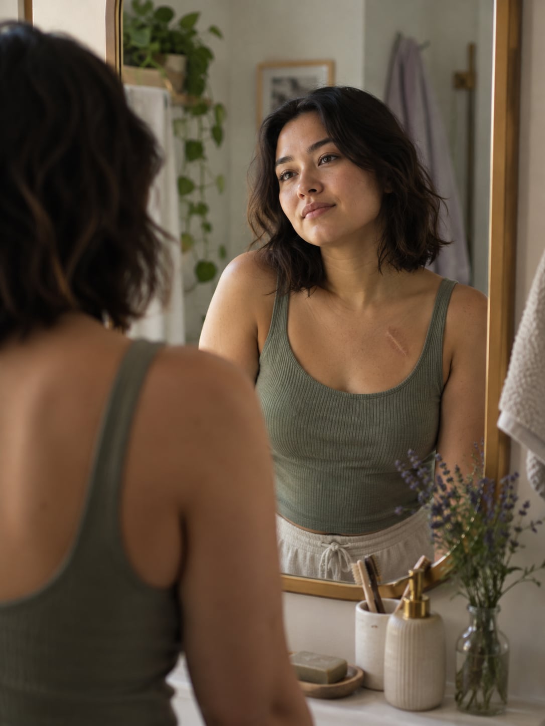 A young adult looks at their reflection in a mirror, contemplative expression.