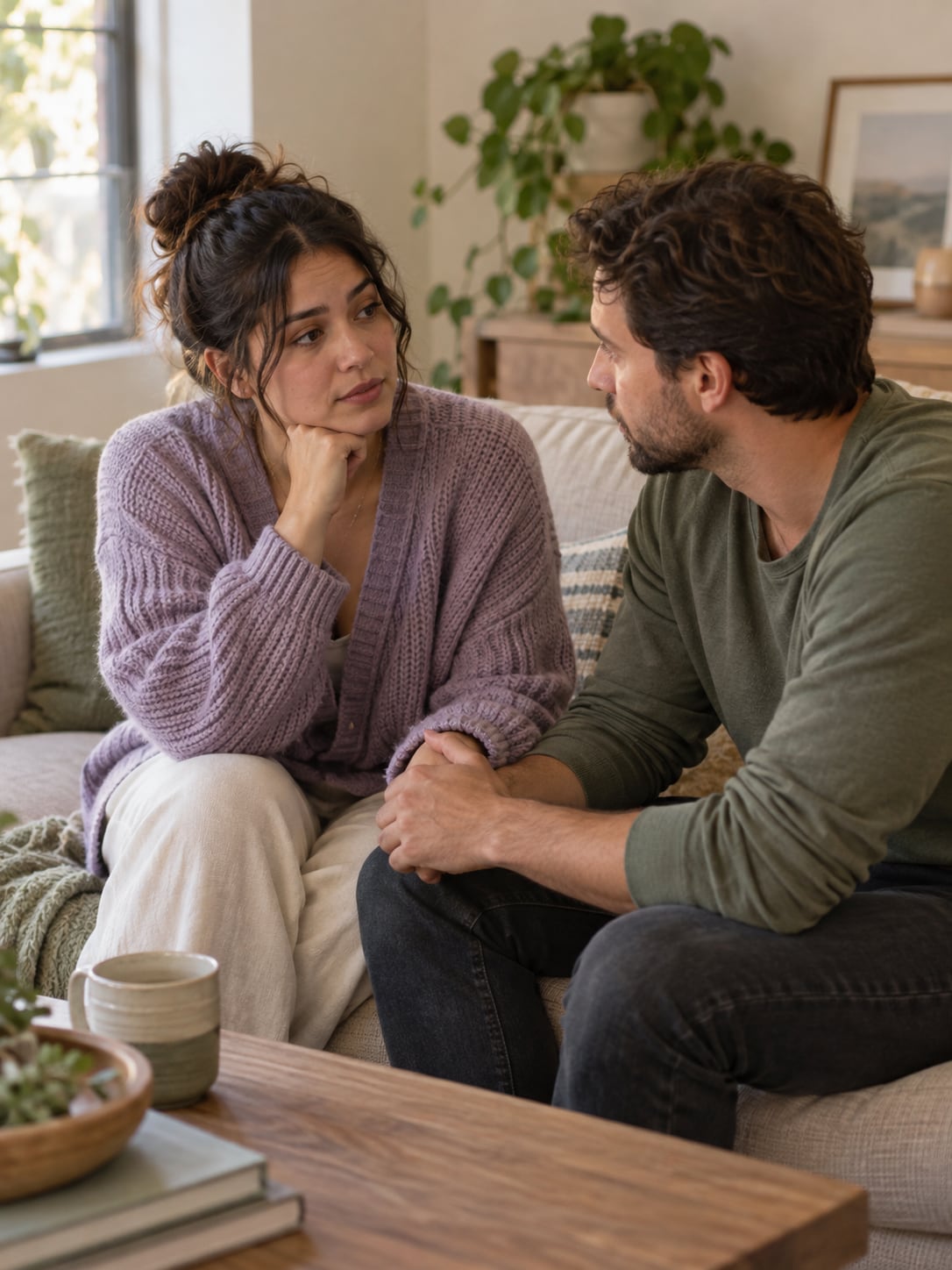 A young couple sits together on a couch having a quiet, serious conversation.