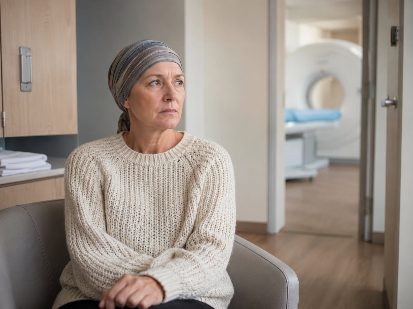 A woman in headscarf stands in a clinic hallway near an MRI machine