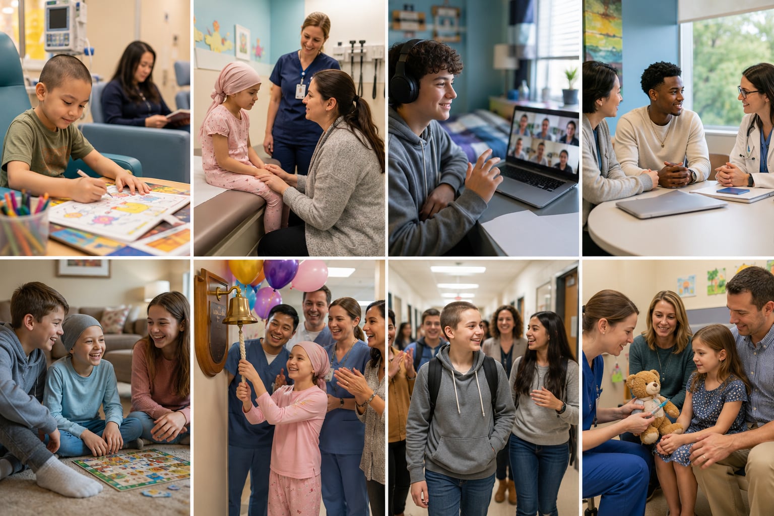 A composite image: multiple small photos of families, patients, and clinicians in various scenes