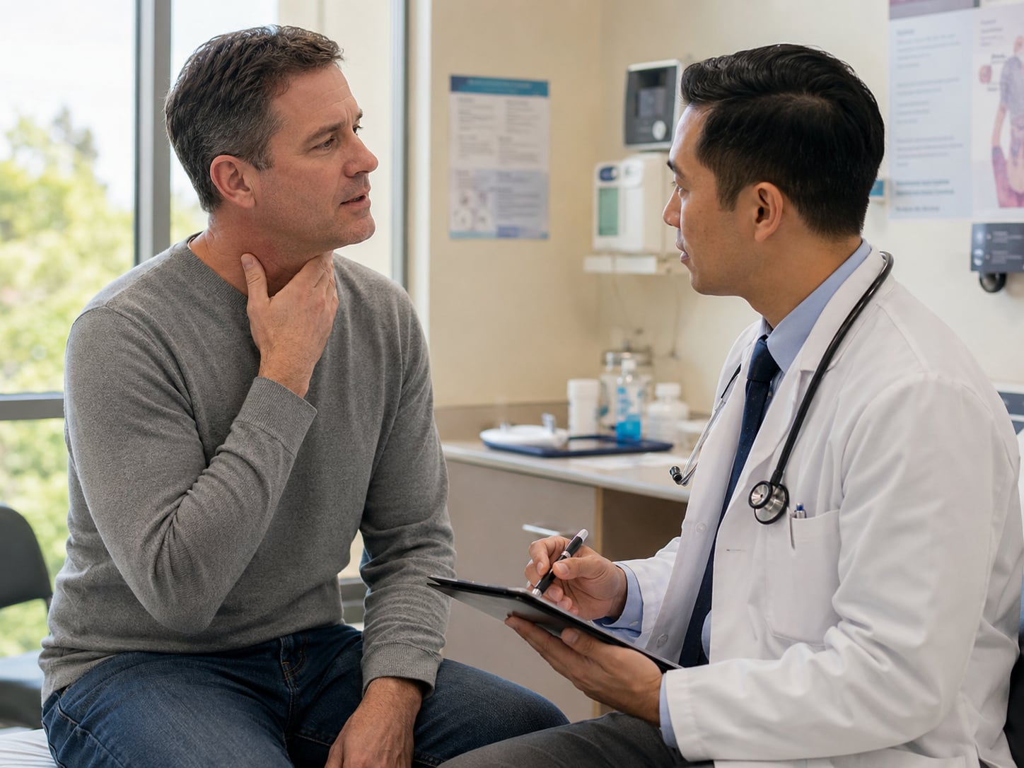 A man holds his throat while a male doctor takes notes in an exam room
