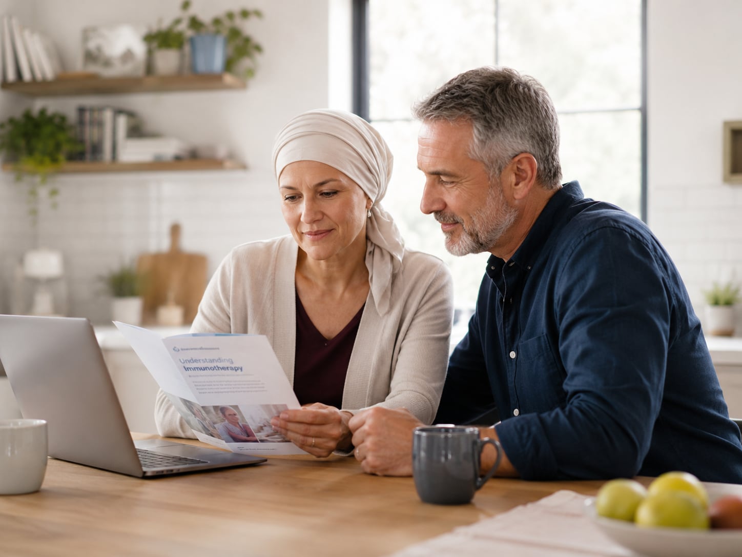 An older couple sit at a desk, woman in headscarf reads a document