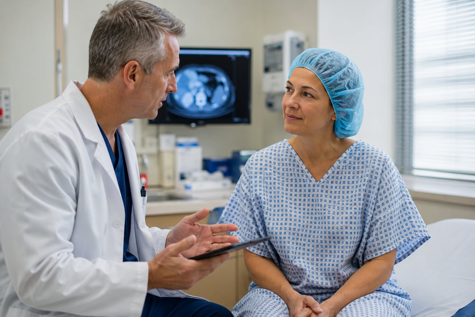 A clinician in a white coat holds a tablet and gestures while talking with a patient in a gown and surgical cap, with a cross-sectional CT image on a wall monitor behind them.