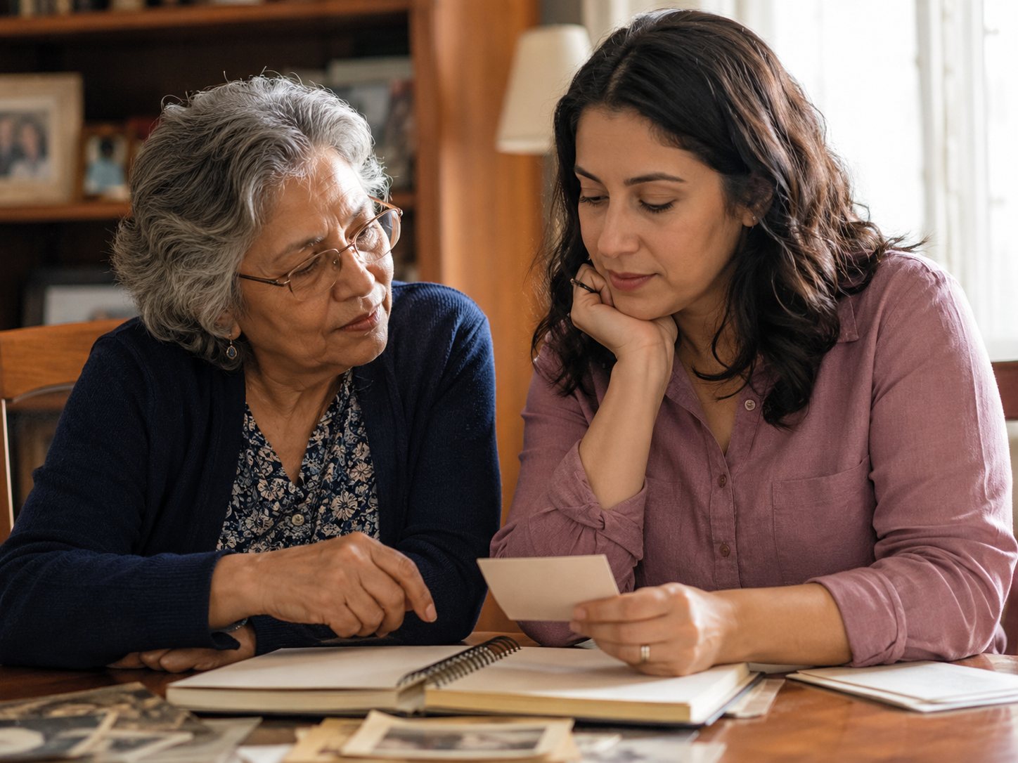 An older woman and a younger woman sit together at a table looking through old family photographs and papers