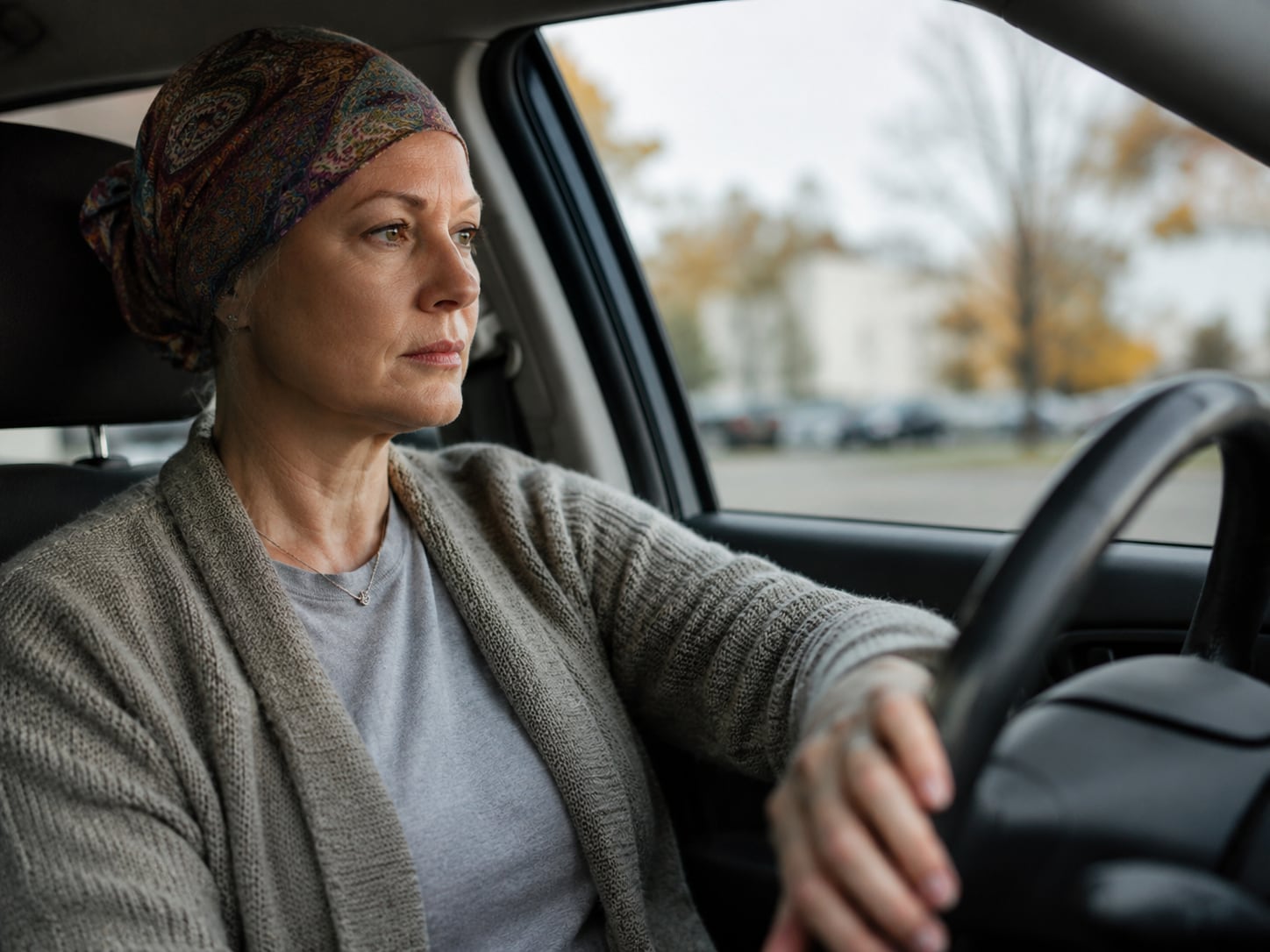 A woman in headscarf drives a car, looking ahead through the windshield