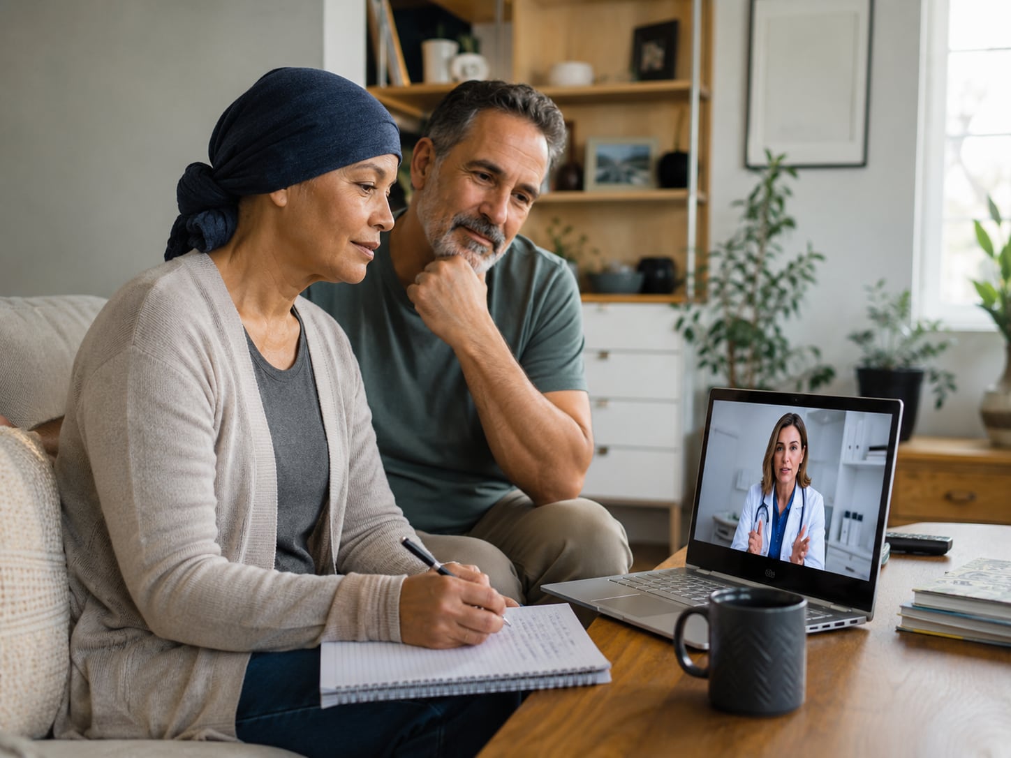 An older couple sit on a couch viewing a doctor on a laptop video call