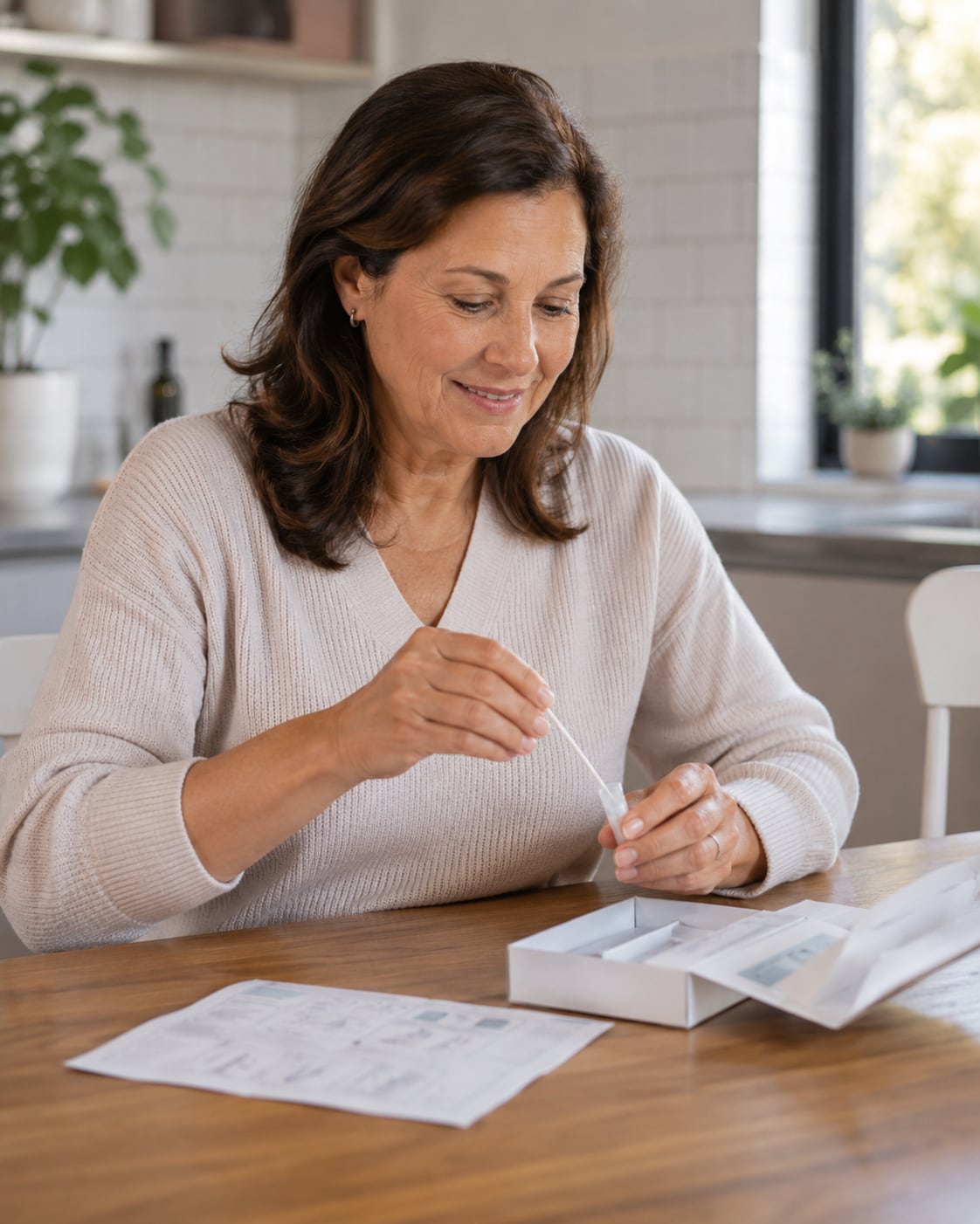 A person reading simple instructions for a home colorectal screening kit