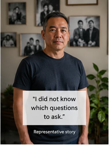 A composite image: a man standing in a room hung with family photographs, with a card over the lower half reading "I did not know which questions to ask." and, below it, "Representative story"