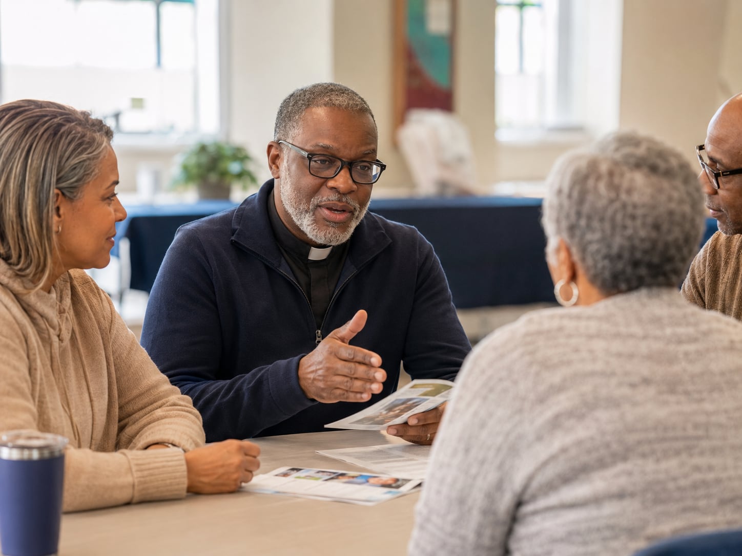 A man in clerical collar prays with a couple, hands clasped together