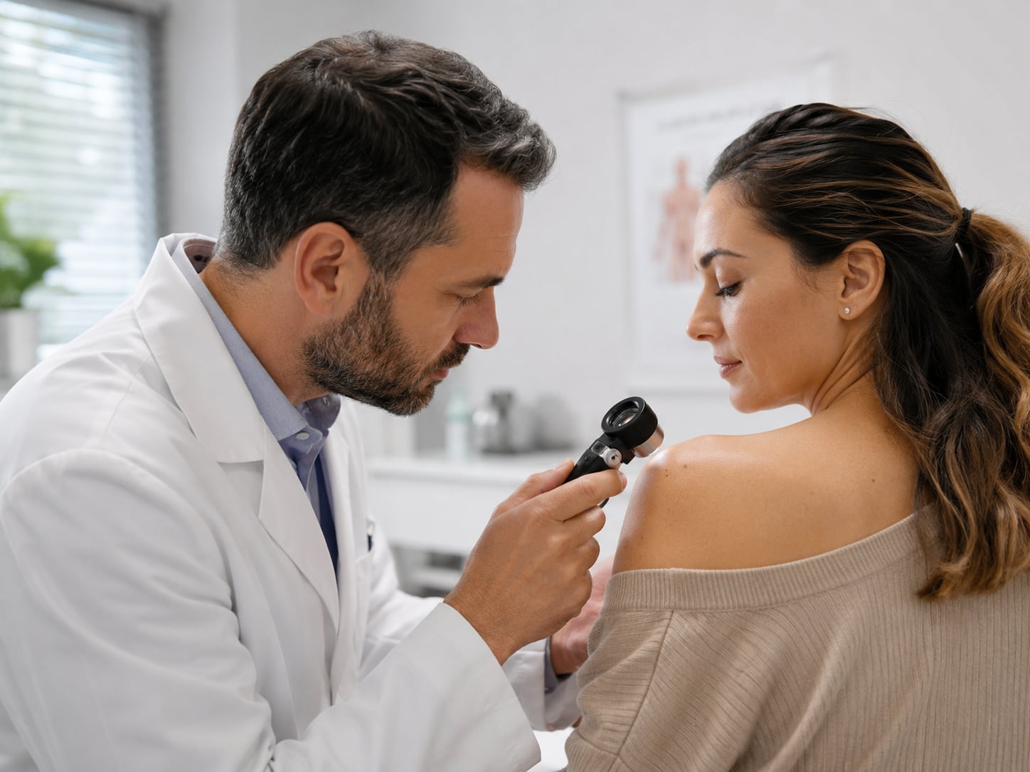 A male doctor examines a woman's bare shoulder and back with a dermatoscope