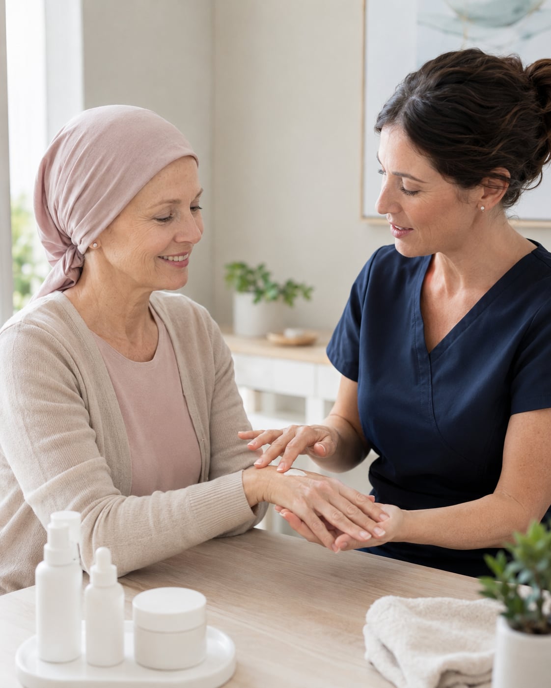 A woman in headscarf and a nurse smile together at home