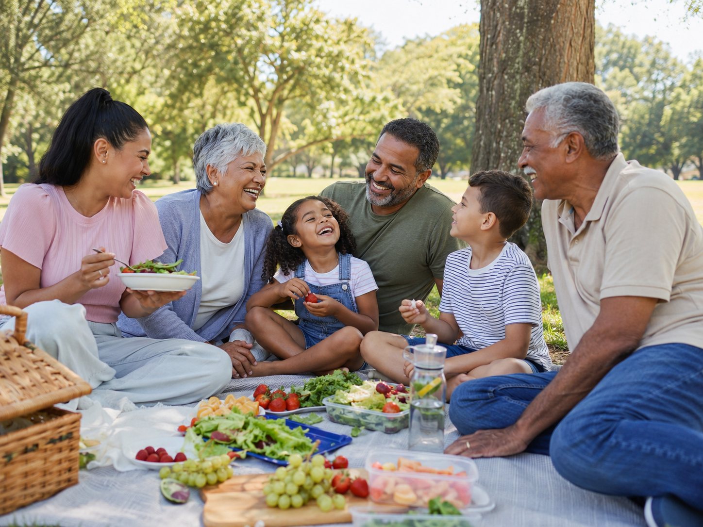 Three generations of a family laugh together over a picnic of fruit and salad on a park blanket.