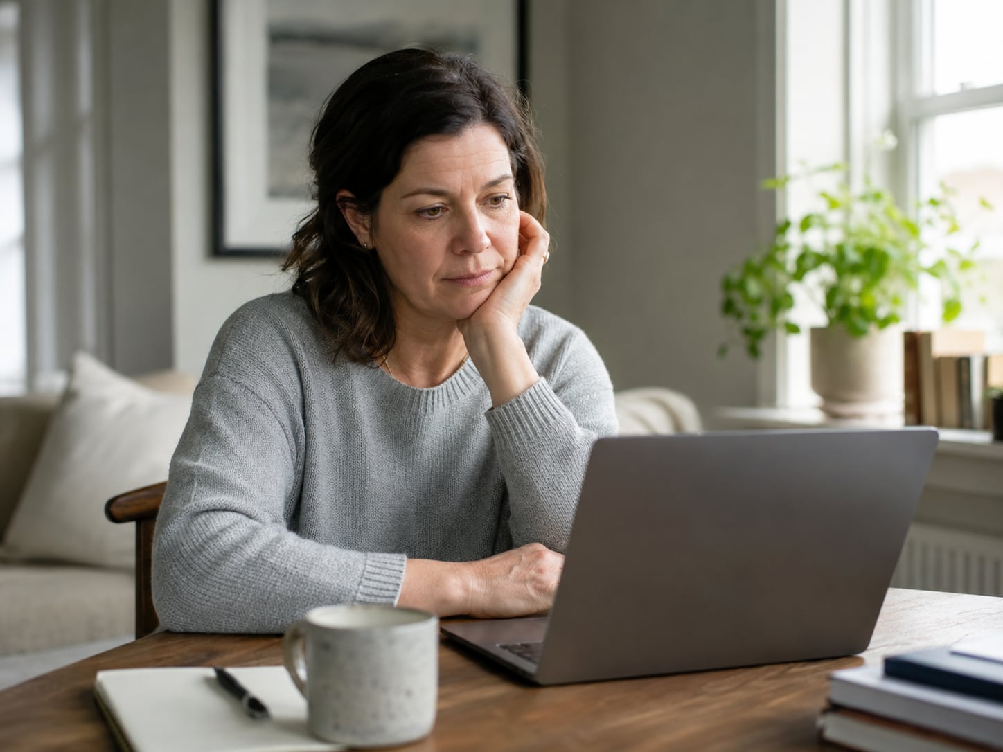 A woman sits on a couch, chin on hand, looking at a laptop