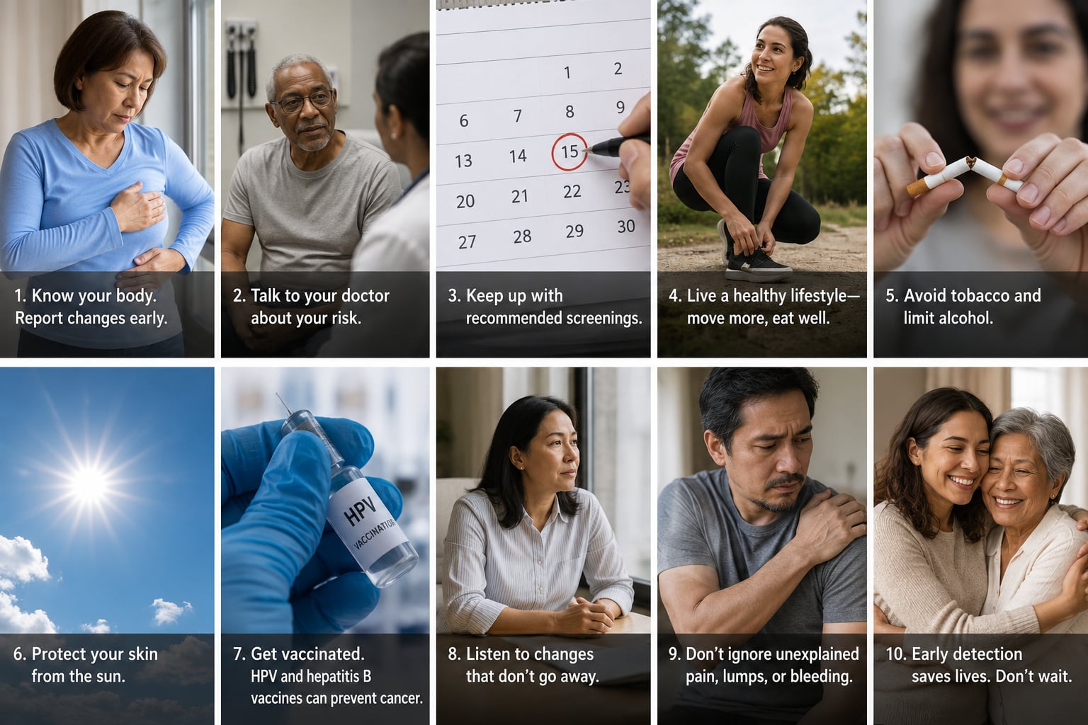 A composite image: five-panel infographic with icons and tips on body awareness and healthy habits