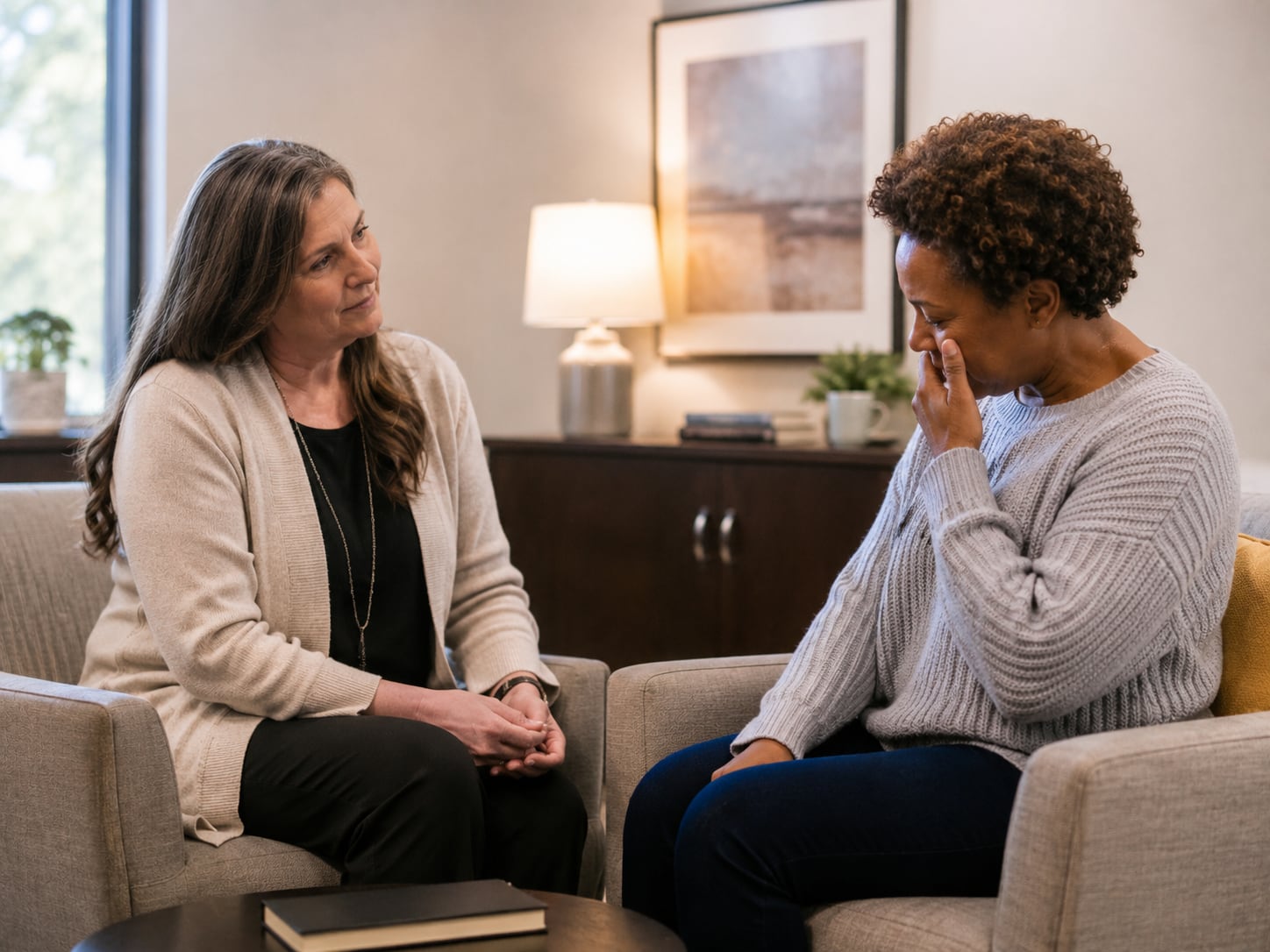 A woman comforts an upset woman with a hand on her shoulder in a living room