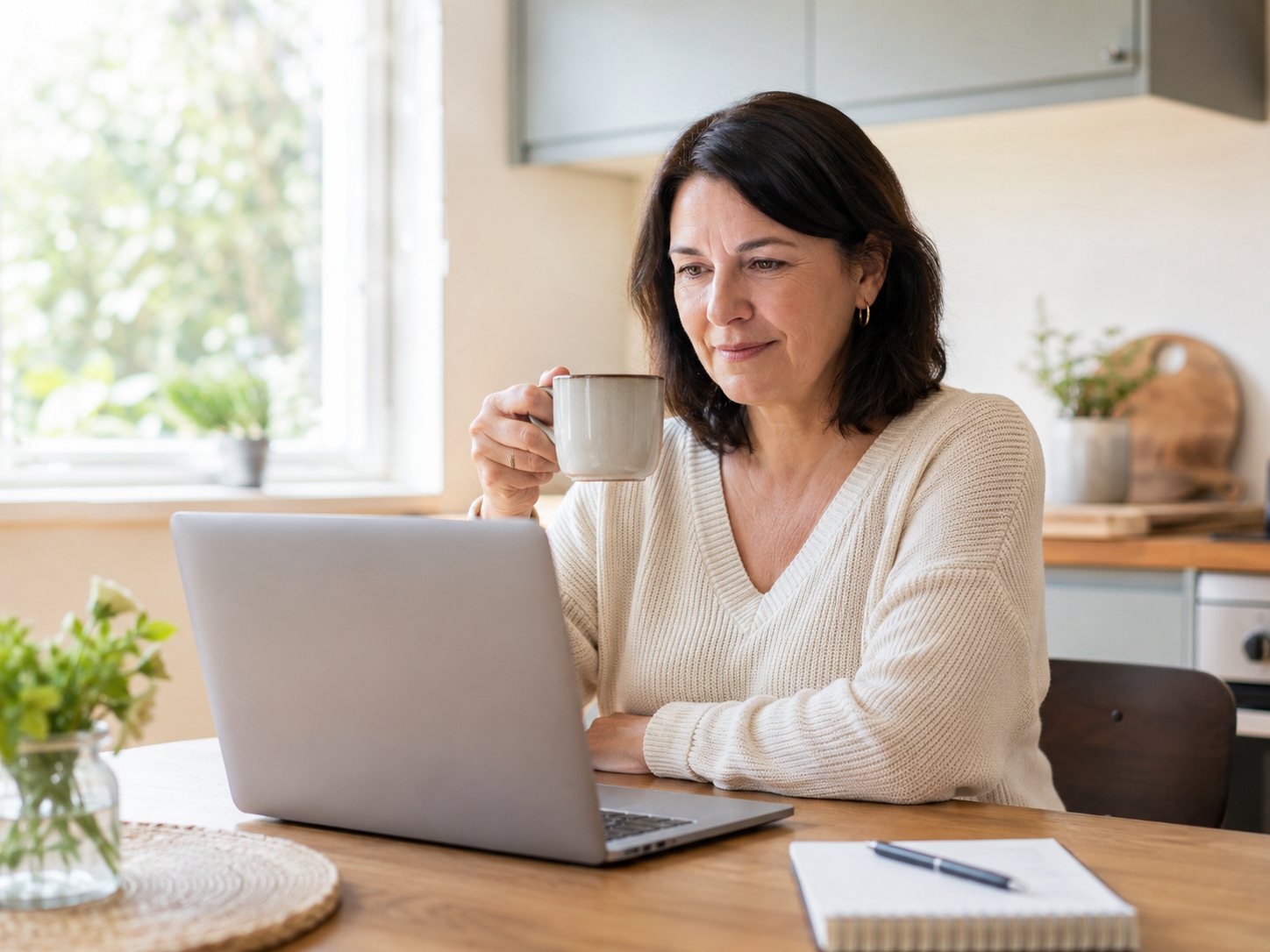 Middle-aged woman holding a mug at a sunlit kitchen table with an open laptop and notebook.