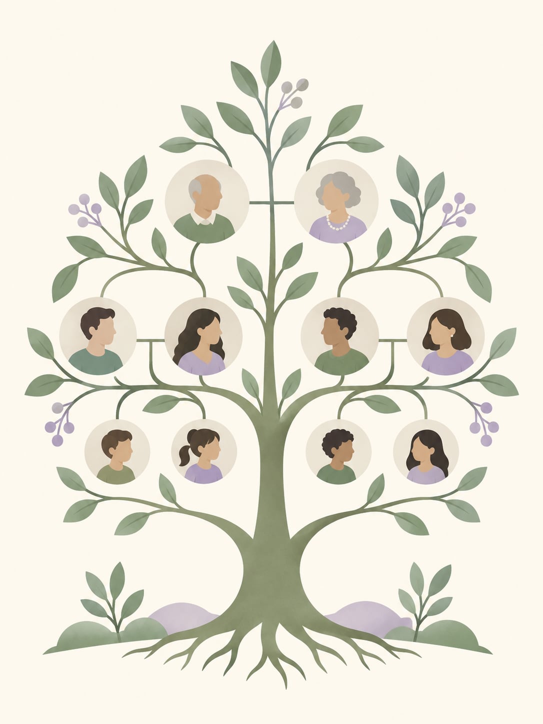 Flat illustration of a branching family-tree diagram in muted tones.