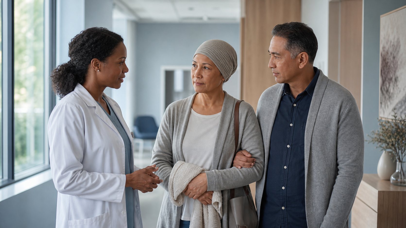 A clinician speaks with a patient wearing a headscarf and their support person in a clinic corridor.