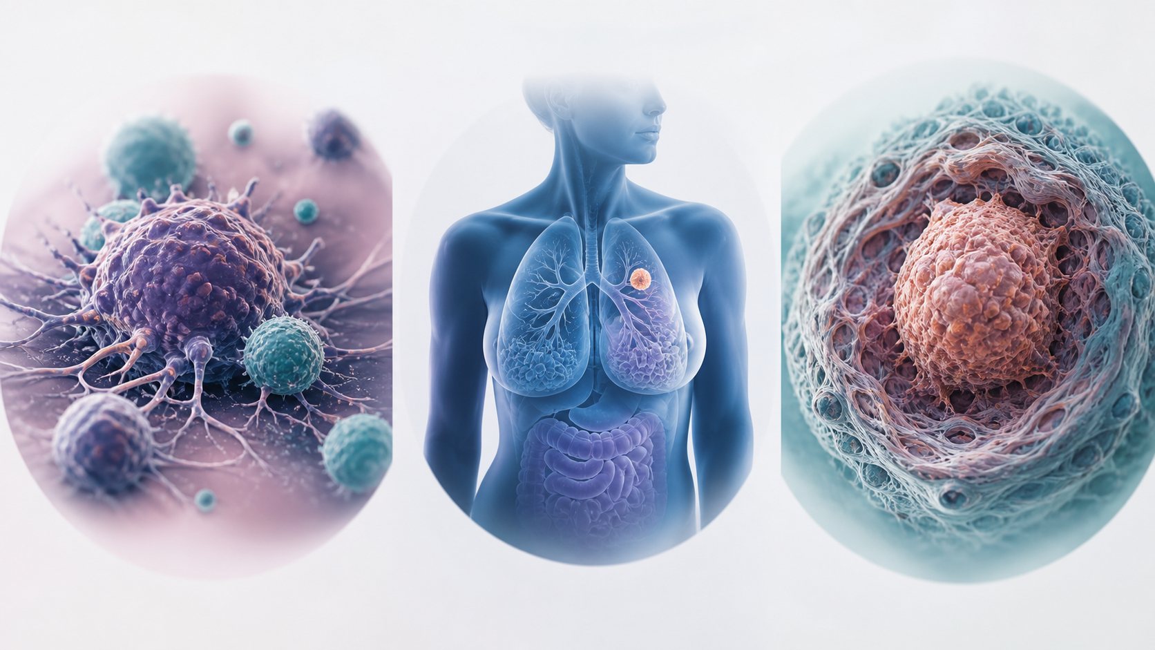Three panels showing a cell cluster, a torso organ view and a tissue environment