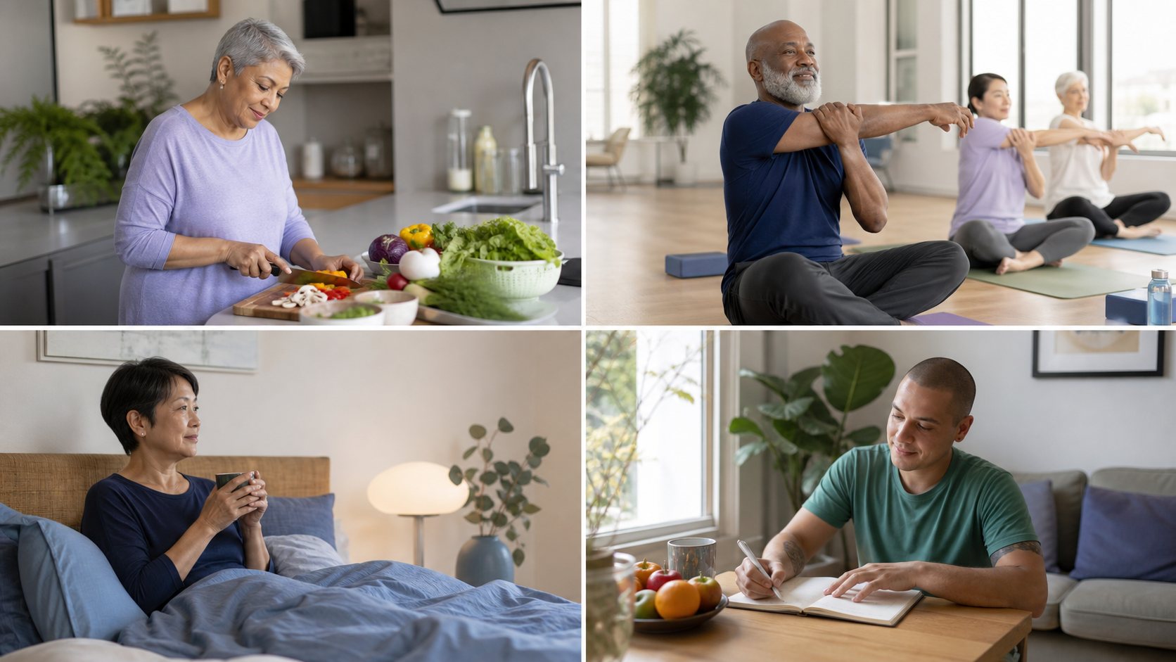 A four-panel scene showing food preparation, gentle stretching, a bedtime routine and planning the day.