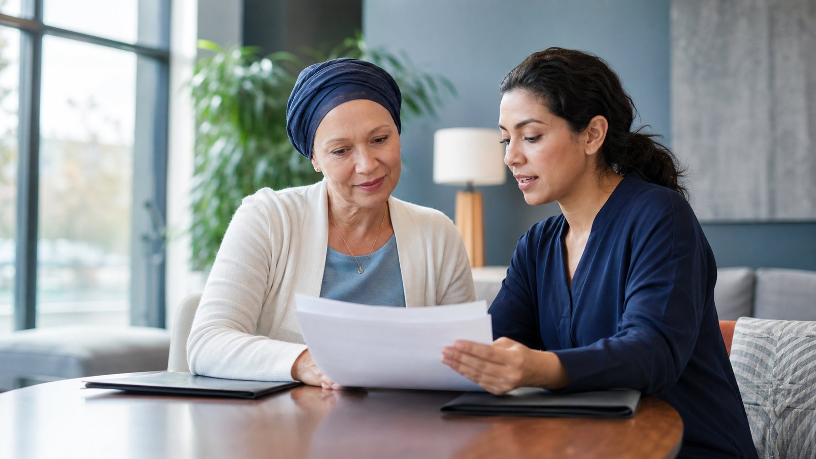 A patient wearing a head wrap and a financial navigator review paperwork together at a table.