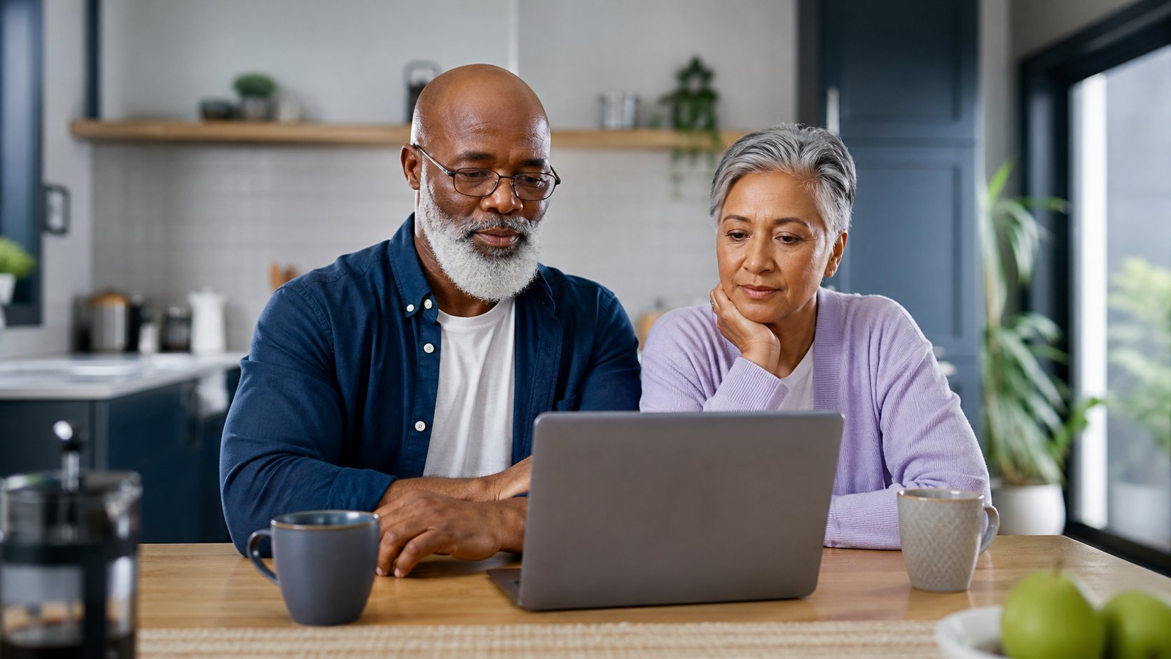An older couple sit side by side at a kitchen table reading a laptop screen together.