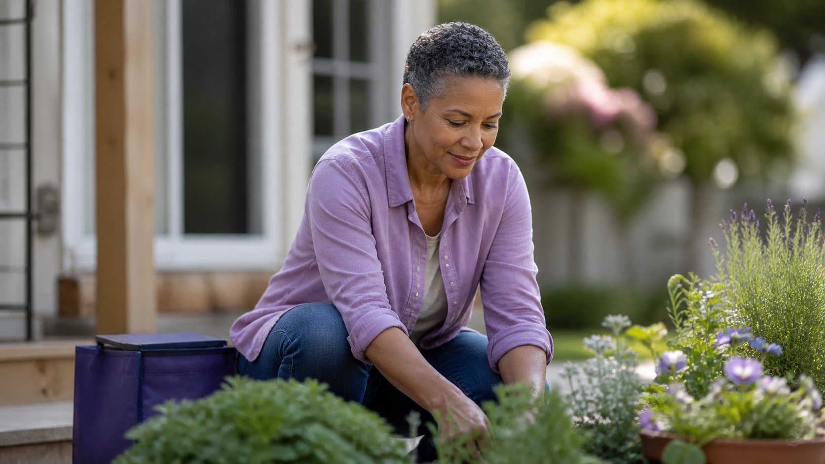 A woman with short regrown hair tends plants on her back step.