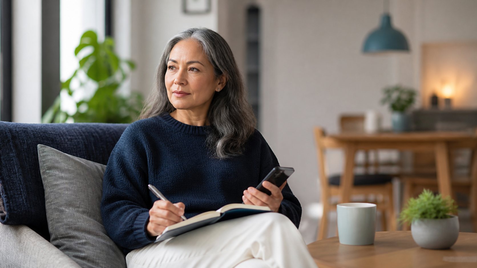 A woman sits on a sofa writing in a journal while holding her phone.